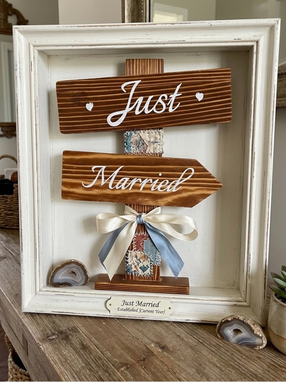 Wooden Just Married Wedding Cake Topper Rustic Directional Sign Decor - Picture 3 of 6